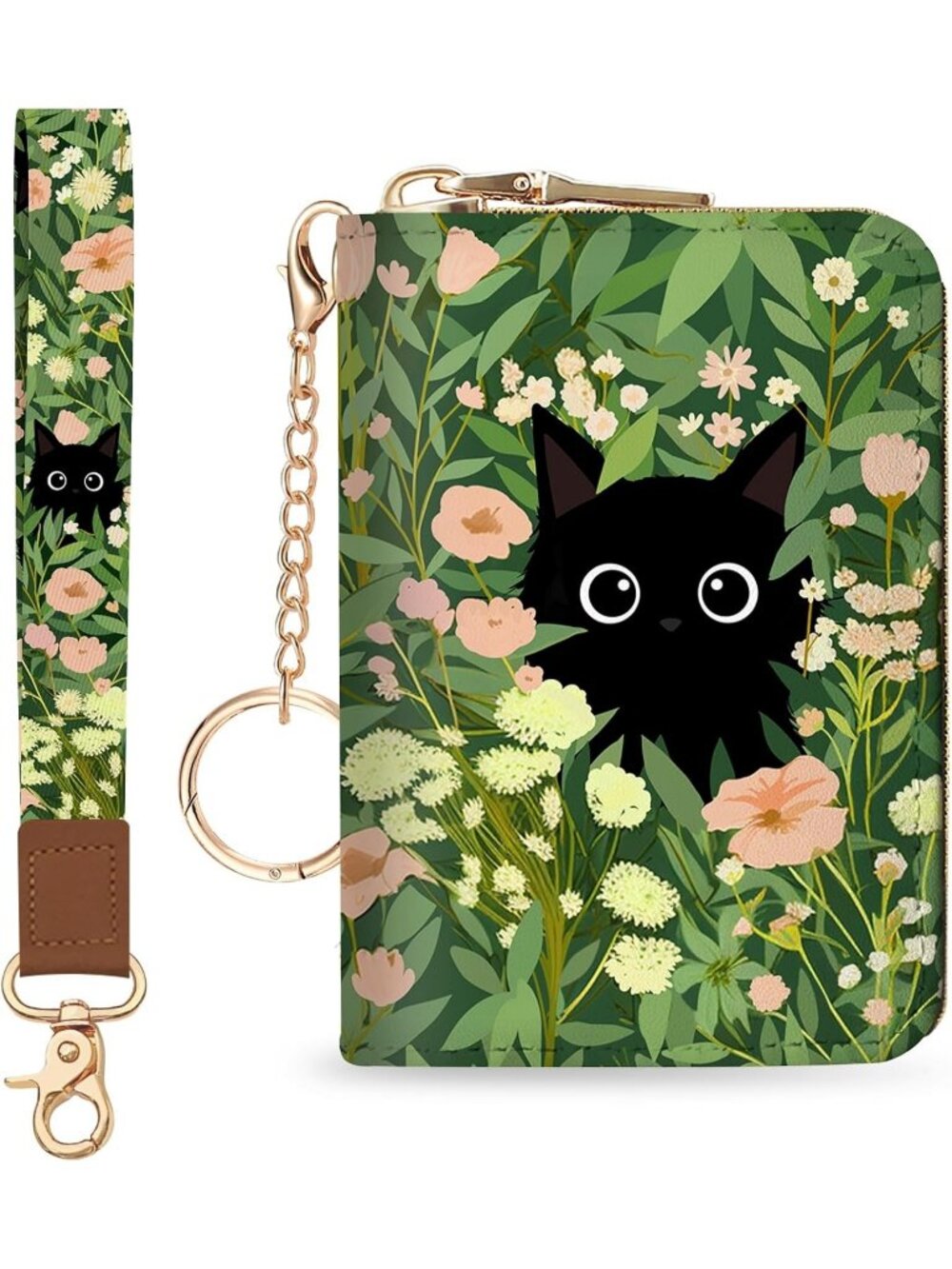 Women Black Flower RFID Credit Card Holder Bird Keychain Travel Zipper Wallet